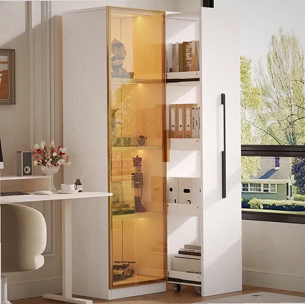 Hochschrank 160cm mit LED Vitrine und seitlichem Auszug Bücherregal Weiß
