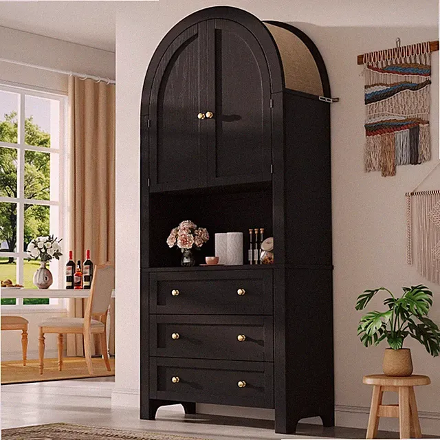 Hochschrank 70x35x180cm Schwarz Bogen Soft-Close 3 Schubladen 2 Türen Kippschutz