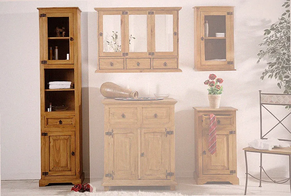 Hochschrank Badschrank MEXICO Landhausstil Vitrine, Pinie Kiefer Massivholzmöbel