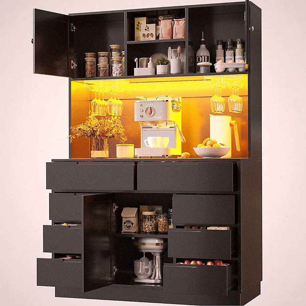 Hochschrank Küchenschrank Vitrine Buffetschrank mit LED Beleuchtung 8 Schubladen