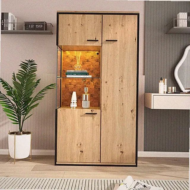 Hochschrank Vitrinenschrank 3 Türen Schrank Bücherschrank mit LED Beleuchtung DE