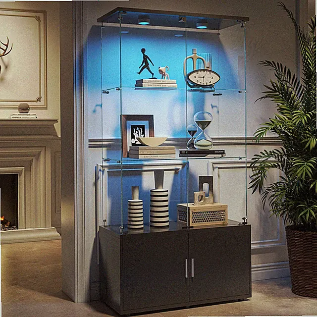 Hochschrank Vitrinenschrank Vitrine LED Glasvitrine Schrank Schwarz Hochglanz DE