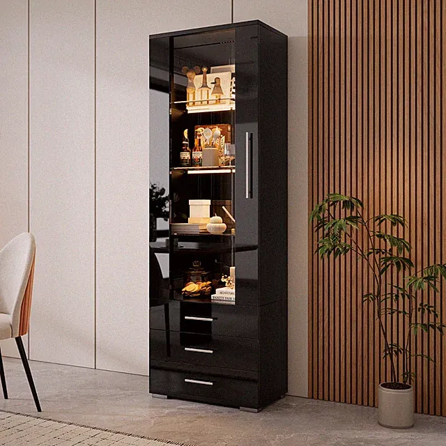 Hochschrank Vitrinenschrank Vitrine m/ LED Glasvitrine Schrank Hochglanz Schwarz