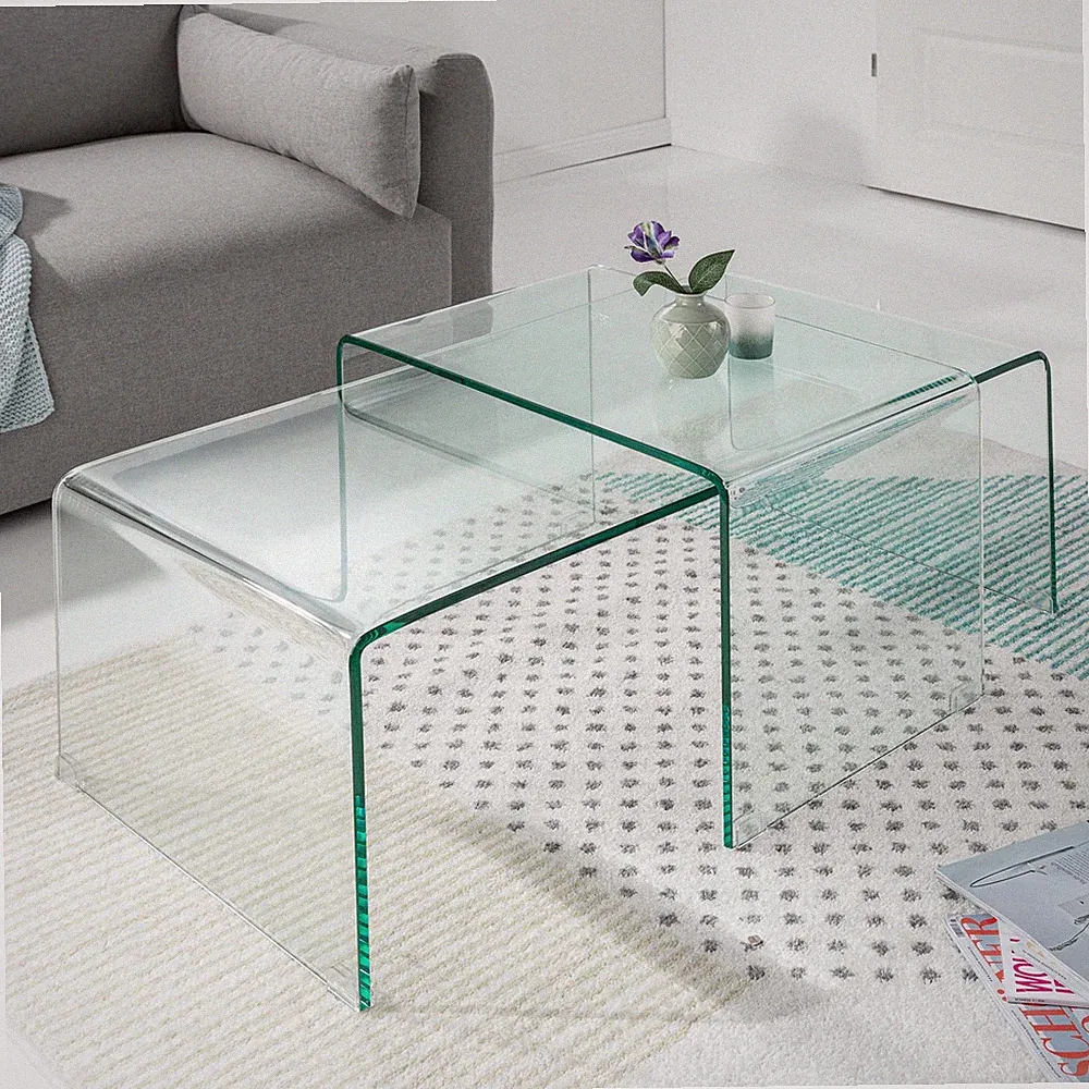 Hochwertiges 2er Set Glas Couchtisch FANTOME 100cm transparent Wohnzimmertisch