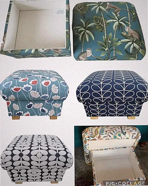 Hocker mit Stauraum Pouf Fußstück Akzent Blumen Pfauen türkis ocker blau grau