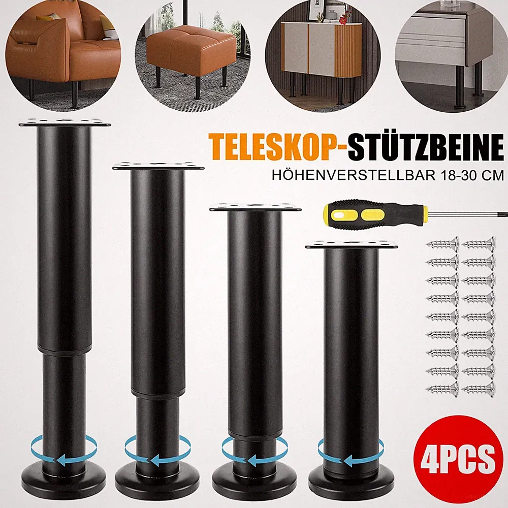 Höhenverstellbare Metallbeine 4er-Set 18-30cm Möbelfüße für Sofa Bett Schrank