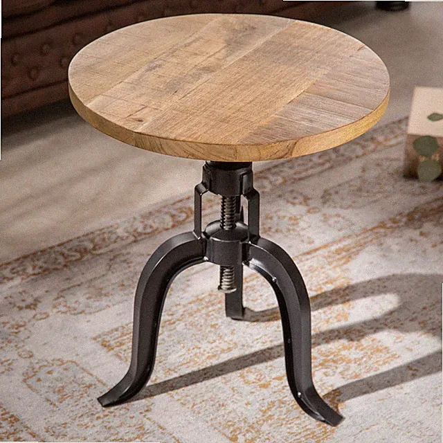 Höhenverstellbarer Beistelltisch ENGINEER 50cm Mangoholz Industrial rund Eisen