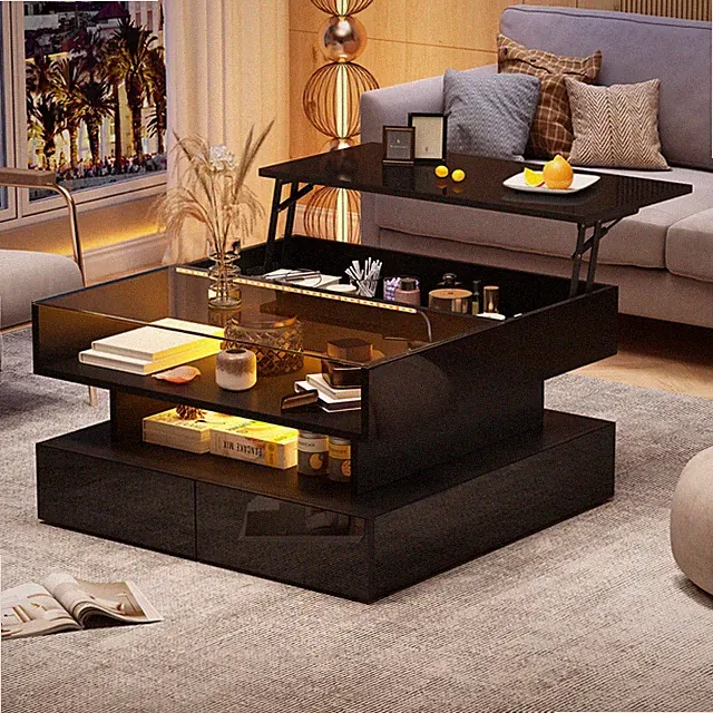 Höhenverstellbarer Couchtisch Sofatisch mit 2 Schublade LED-Leuchte Glasplatte