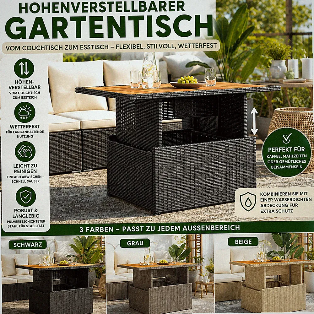 Höhenverstellbarer Gartentisch Poly-Rattan & Akazie wetterfest Esstisch