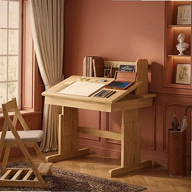 Höhenverstellbarer Kinderschreibtisch Massivholz Studiertisch für Kinder LED USB