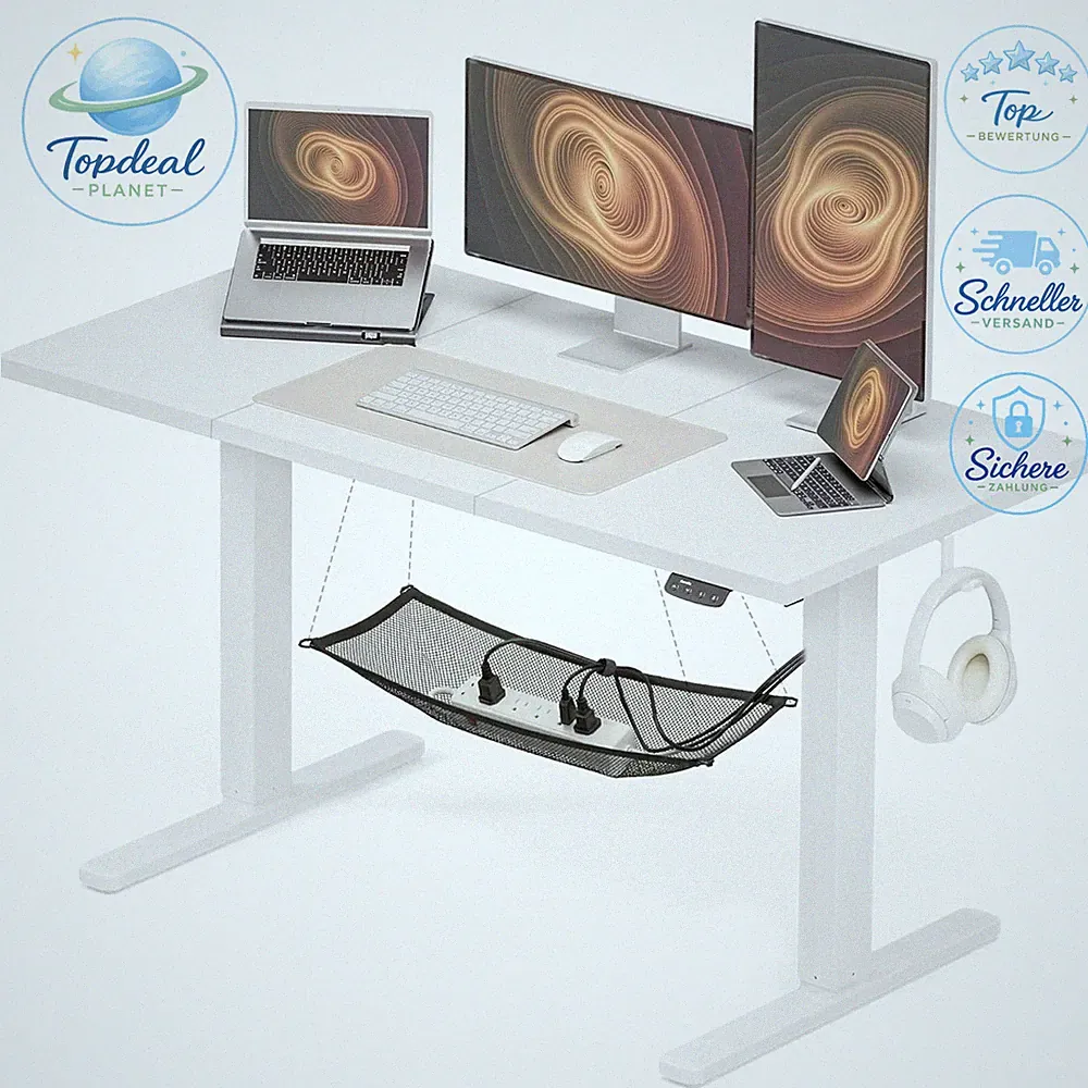 Höhenverstellbarer Schreibtisch 140x60 cm Elektrisch mit Kabelmanagement Weiß