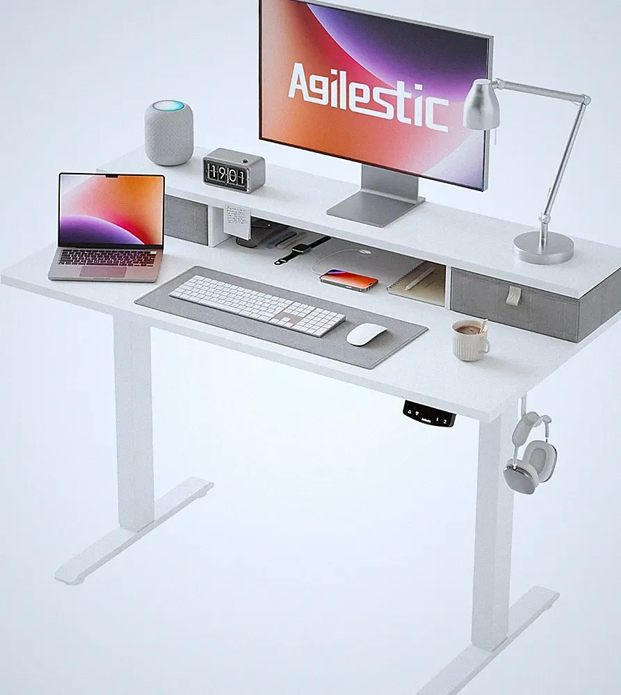 Höhenverstellbarer Schreibtisch elektrisch 100x60cm mit 2 Schubladen Weiß