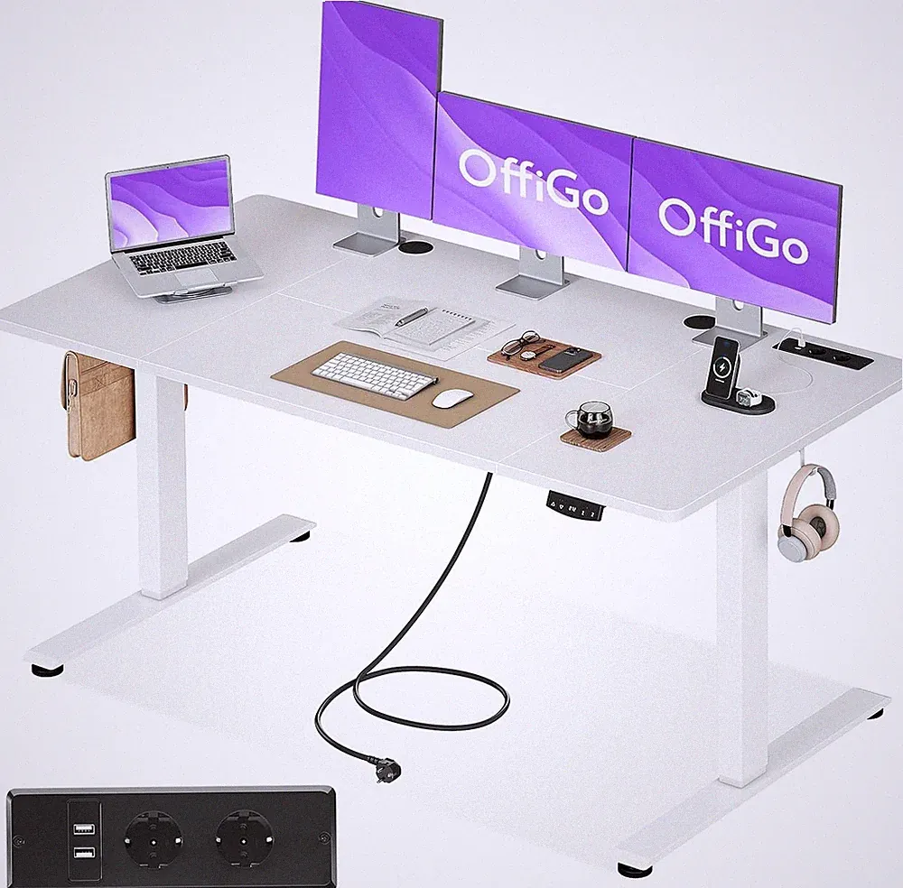 Höhenverstellbarer Schreibtisch Elektrisch 160x80cm Weiß mit Steckdosen USB