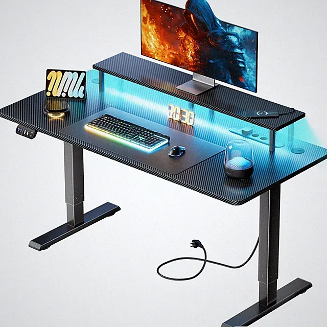 Höhenverstellbarer Schreibtisch Elektrisch mit LED & Steckdosen, Gaming Tisch