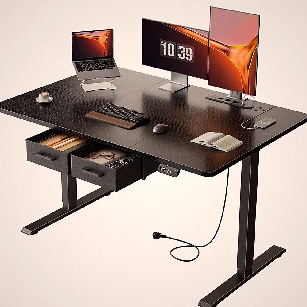 Höhenverstellbarer Schreibtisch Elektrisch mit Schublade, Steckdosen und USB