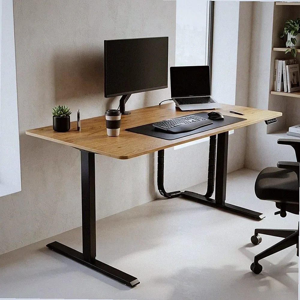 Höhenverstellbarer Schreibtisch KANTOR 160cm elektrisch Eiche Metallgestell