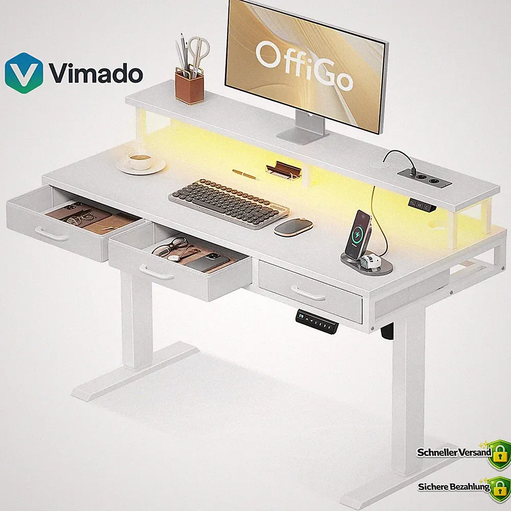 Höhenverstellbarer Schreibtisch mit Schubladen 120cm Weiß Büro Möbel