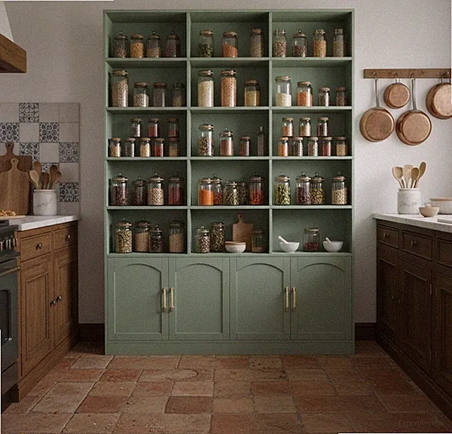 Hohe 7-stufige Küchen-Aufbewahrungsvitrine 4-türig Regal Holz grün Haus 209 cm