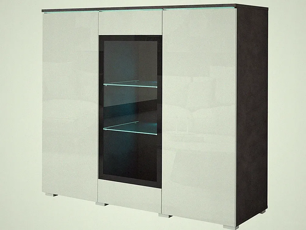 Hohe Vitrine 120 cm für das Wohnzimmer, 3-türig, mit Materiaglas, weiß glänzend