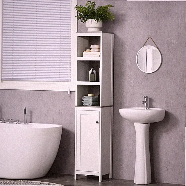 Hoher Badezimmer-Aufbewahrungsschrank, Wäscheturm mit verstellbarem Regal, weiß