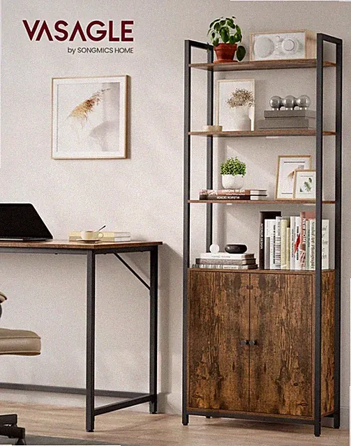 Hohes 6-stufiges Bücherregal, Vitrinenregal mit Aufbewahrungsschrank unten, braun