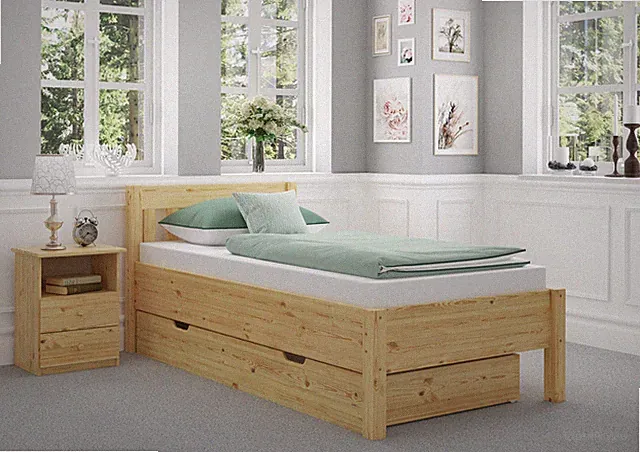 Hohes Holzbett 90x200 Bettrahmen wählbarem Zubehör Seniorenbett Gästebett Holz
