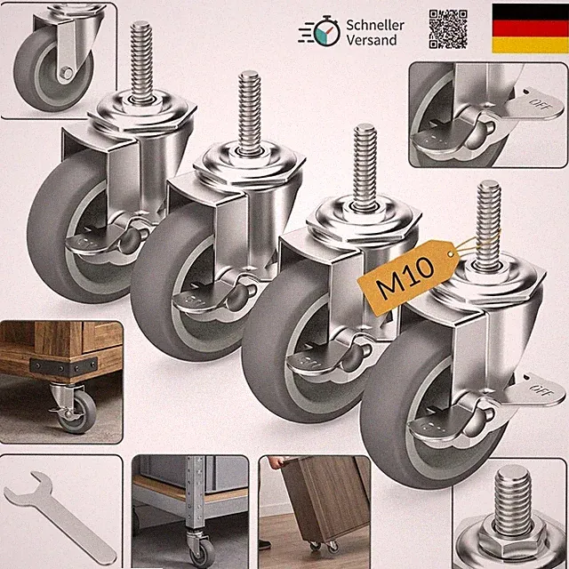 HOLKIE Lenkrollen 75Mm (3 Zoll) Mit Bremsen Möbelrollen Transportrollen, M10 X 1