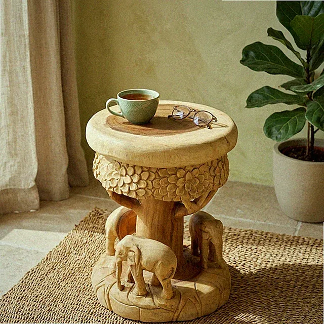 Holz Beistelltisch Elefant 43cm Nachttisch Massivholz Hocker Tisch Thailand rund