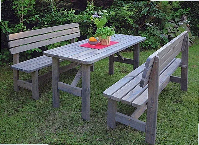 Holz Garnitur Summer grau imprägniert 2 Bänke + 1 Tisch Gartenbank Gartentisch