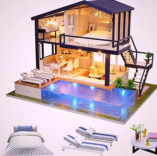 Holz Puppenhaus DIY Miniatur Kit Modell & Möbel - Time Apartment mit Schwimmbad