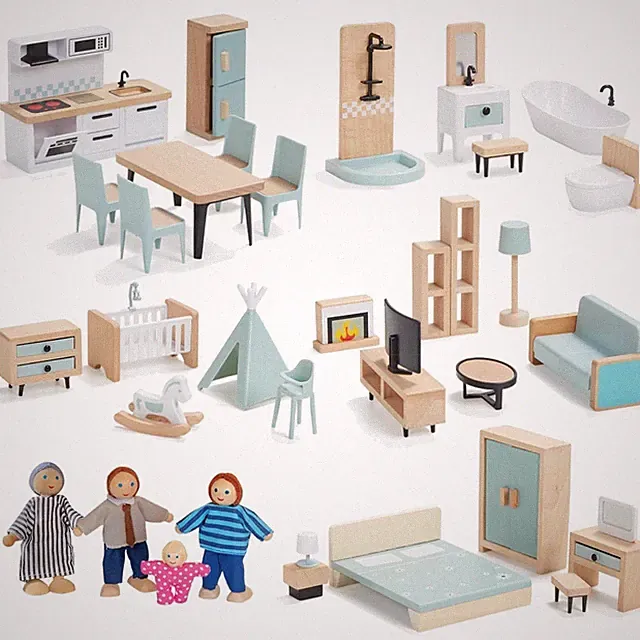Holz Puppenhaus Möbel Set 36 Teile Kinder Spielzeug Kinderzimmer Einrichtung