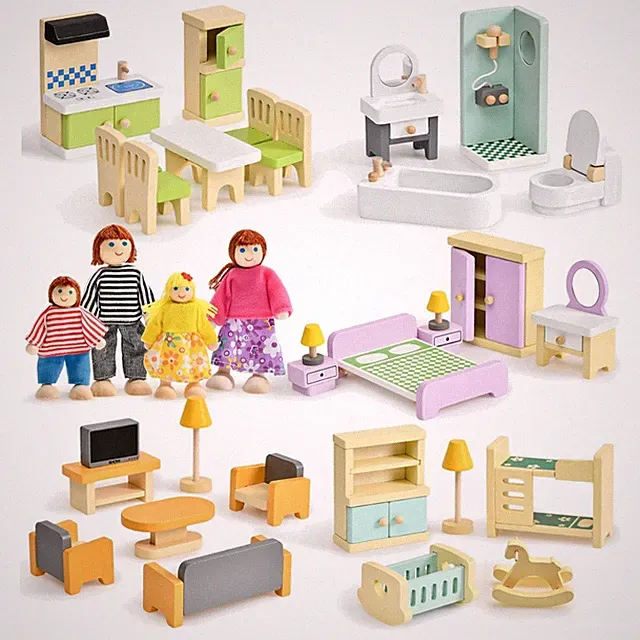 Holz Puppenhaus Möbel Set mit 5 Räumen und 4 Puppen für Kinder ab 3 Jahre