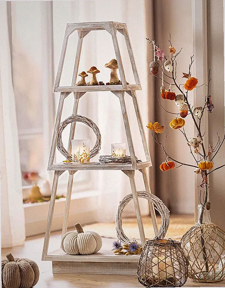 Holz Regal Pyramide Shabby Chic weiß 3 Ebenen 132 cm hoch, Stand Stufen Deko