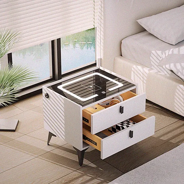 Holz Smart Nachttisch Schrank LED Drahtloses Aufladen Schlafzimmer Mit Schublade