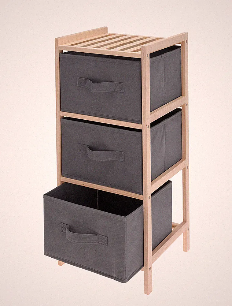 Holz Standregal mit 3 Stoff Schubladen - 65 cm - Badregal Holzregal Ablage Regal