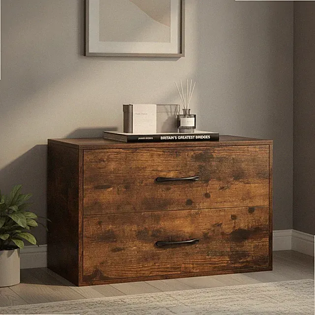 Holz Stapel Kommode 2 Schubladen Rustikal Braun Aufbewahrungsschrank Schlafzimmer Wohn...