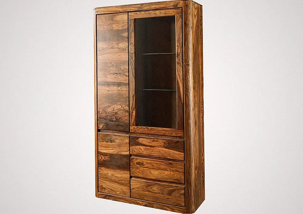 Holz Vitrine groß Sheesham massiv Wohnzimmer Schrank Massivholz modern 109x202