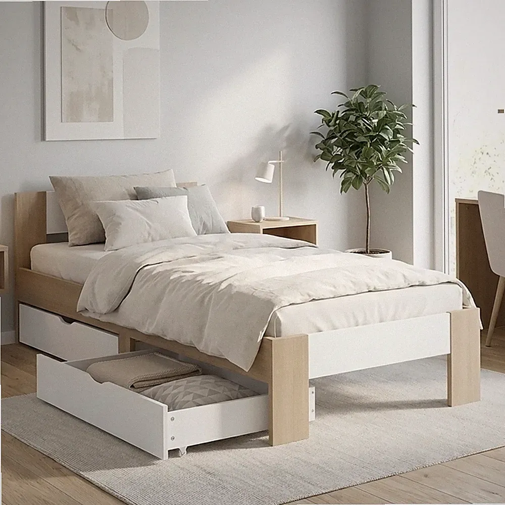 Holzbett 90x200 Einzelbett mit Schubladen Lattenrost Bett Braun Weiß Homestyle4u