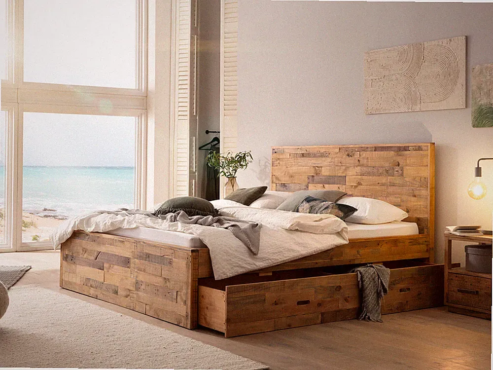 Holzbett Mayari 180x200 cm Rustikal Massivholz Schubkästen Holzkopfteil Möbel