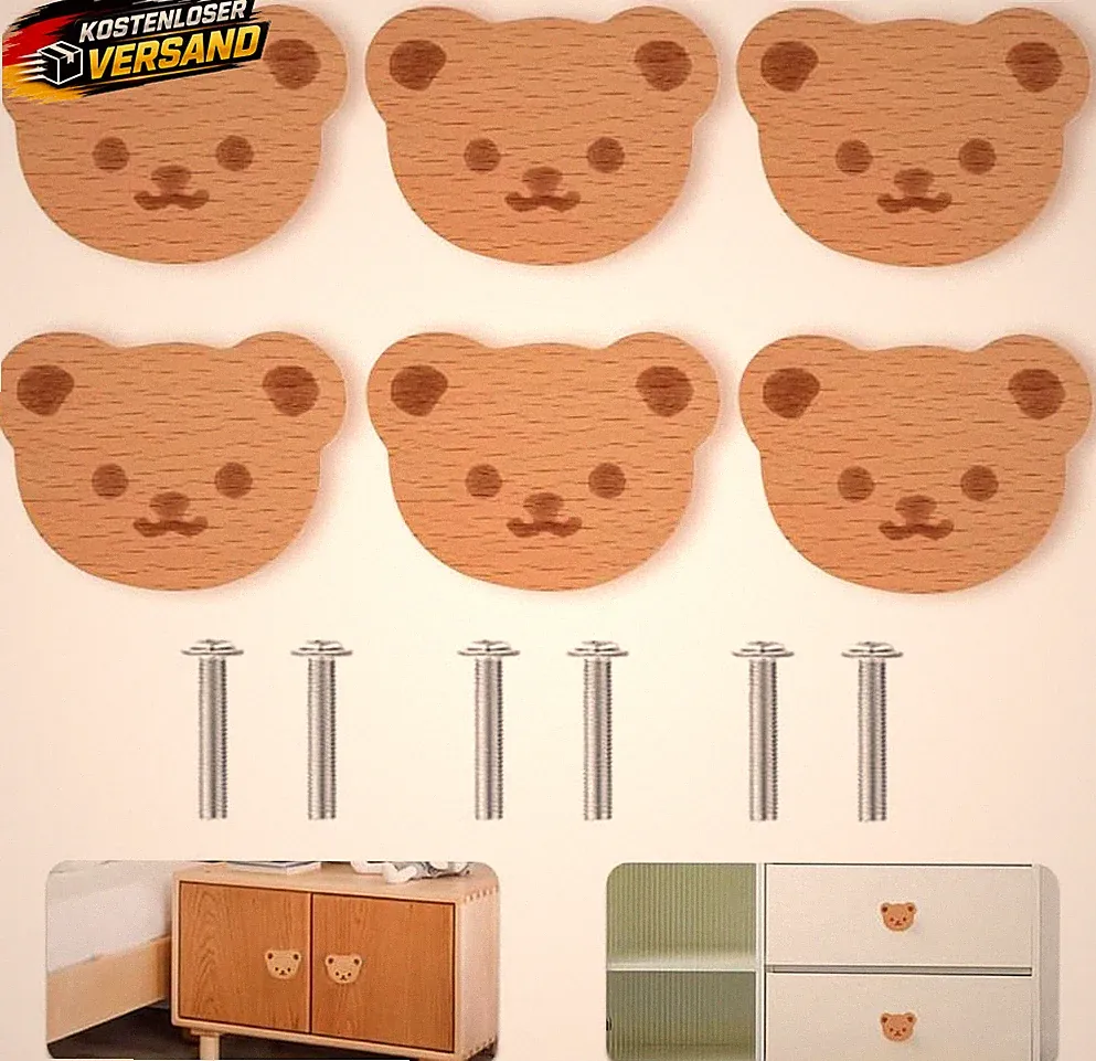 Holzknöpfe Set 6 Bären Tiermotiven für Schrank Kommode Möbel DIY