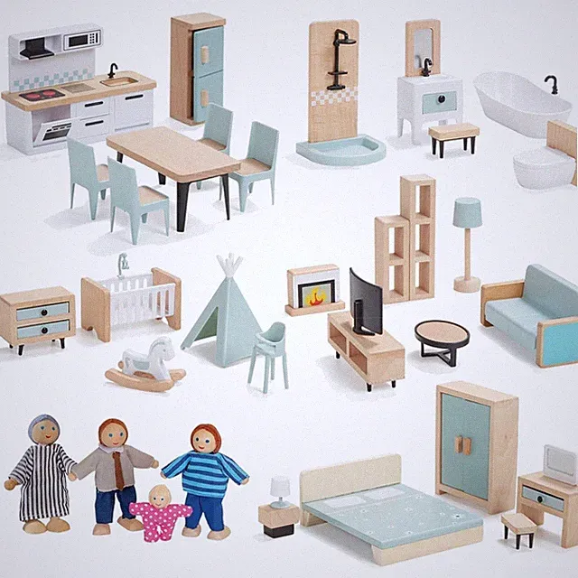 Holzpuppe Möbel Set, 36 Teile, Spielzeug, Puppenhaus, Kinderzimmer, Zubehör