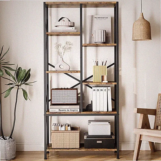 Holzregal 6 Etagen rustikal Regal Vitrine Metallrahmen Aufbewahrung Bücherregal