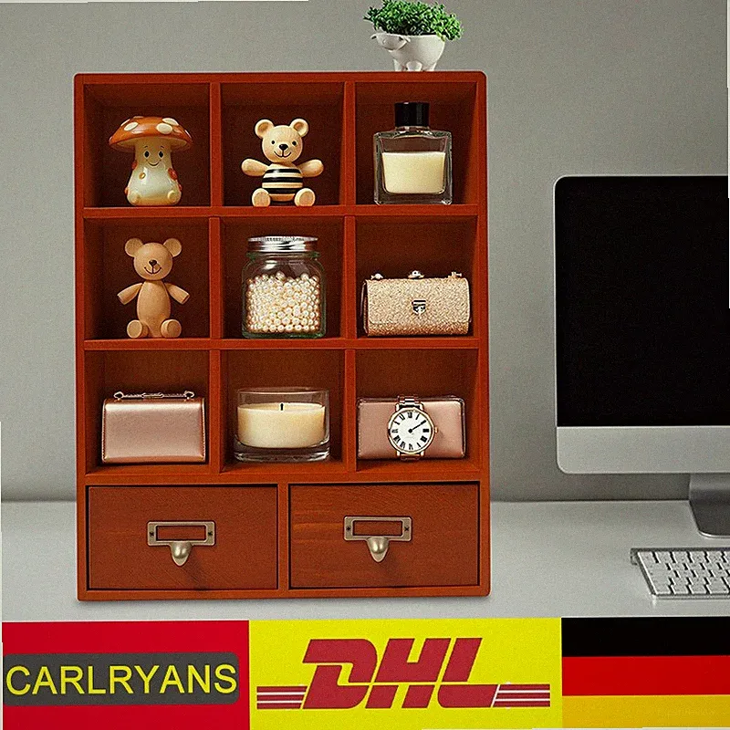 Holzregal Setzkasten Vintage Vitrine Würfelregal 9 Fächer 2 Schubladen