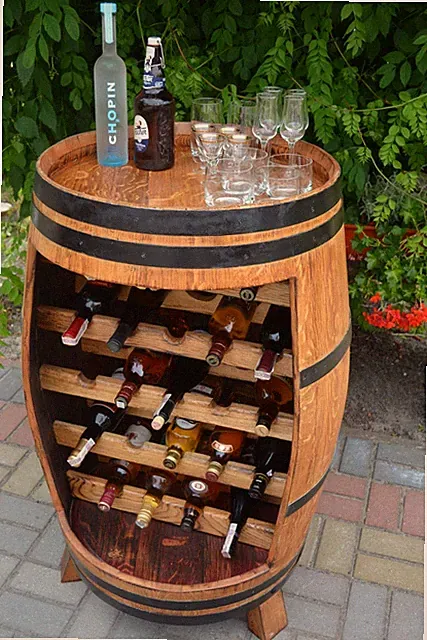 Holztisch aus Eichen Weinfass Massiv Flaschen Regal Schrank Stehtisch Bar Möbel