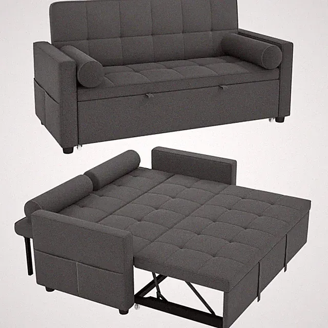 HOMCOM 2-Sitzer Schlafsofa 3-in-1 Doppelbett verstellbar Stoff Leinen grau