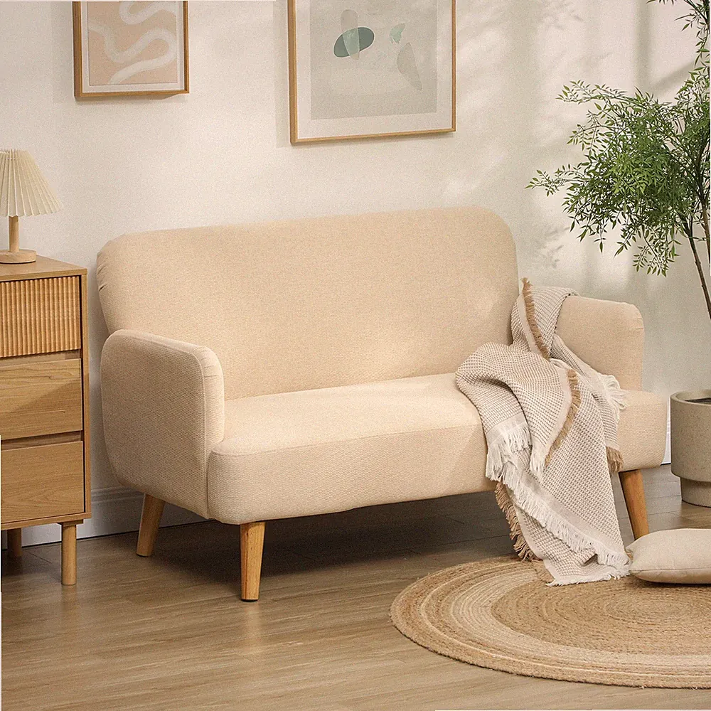 HOMCOM 2 Sitzer Sofa, Kleine Couch mit Samtoptik, Holzbeine für Wohnzimmer Creme
