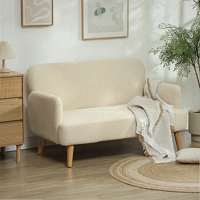 HOMCOM 2 Sitzer Sofa, Kleine Couch mit Samtoptik, Holzbeine für Wohnzimmer Creme
