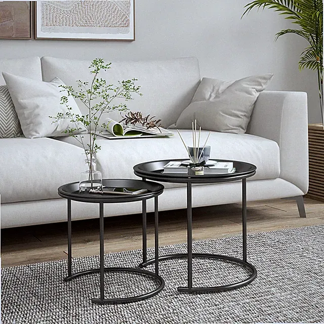 HOMCOM 2er-Set Couchtisch, rund Beistelltisch, stapelbar Wohnzimmertisch Stahl
