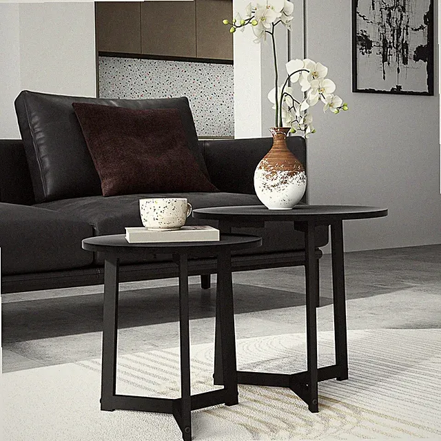 HOMCOM 2er-Set Couchtisch, Runder Beistelltisch, Kaffeetisch mit Stahlgestell