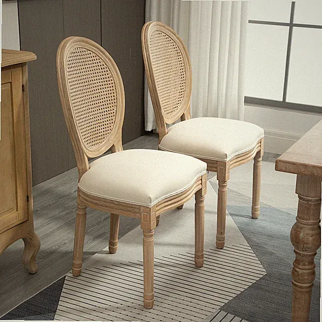 HOMCOM 2er Set Esszimmerstühle Küchenstuhl mit Rattan-Rückenlehne Linen-Touch